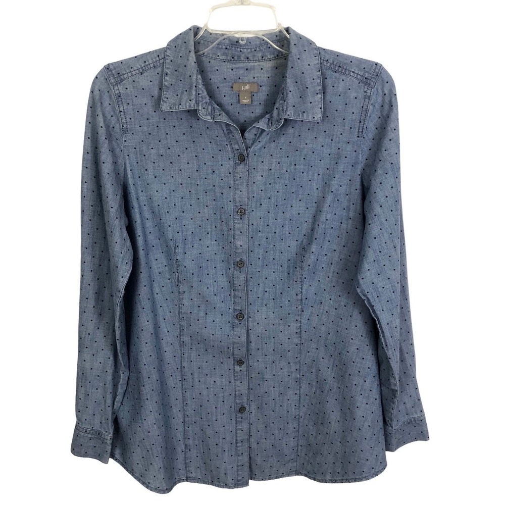 J. JILL Womens Blue Polka Dot Chambray Button Up SHIRT S Preppy Casual Cotton